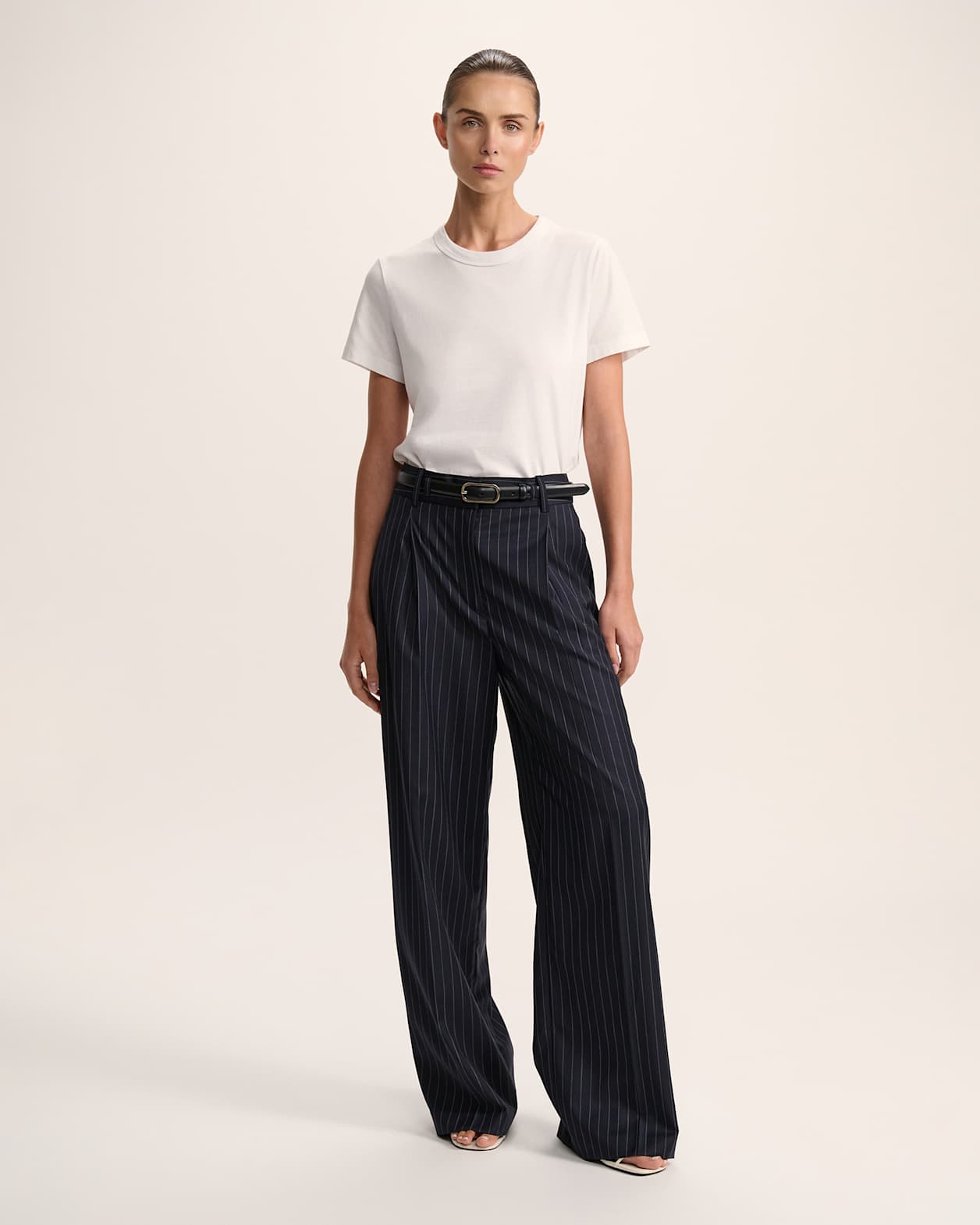 Polly Pinstripe Wool Blend Pleat Front Pant in NAVY/IVORY
