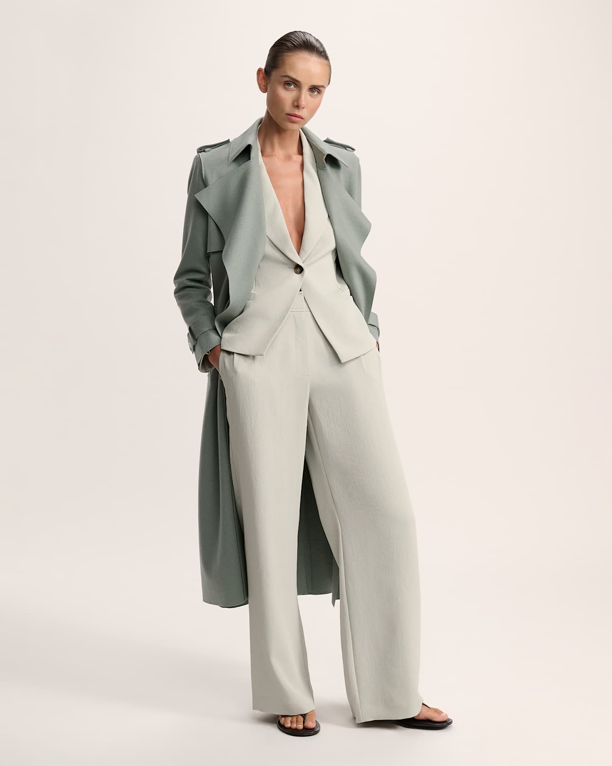 Karla Wool Longline Trench Coat in WILLOW