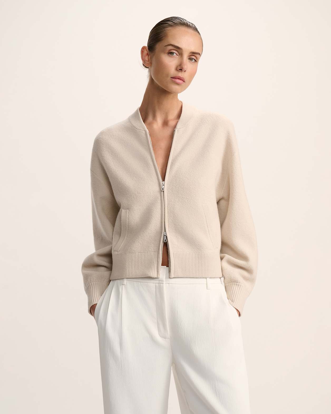 Boiled Wool Bomber in SOFT STONE