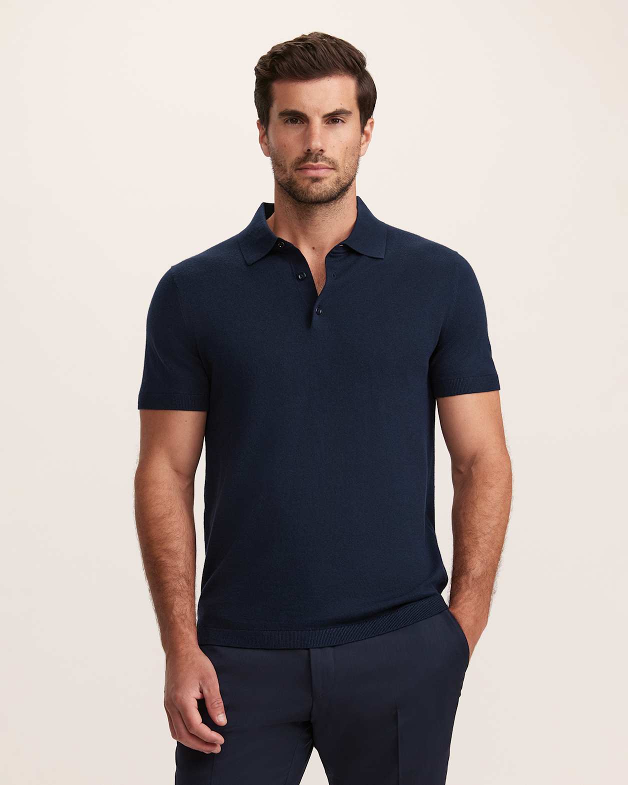 Miramar Cotton Wool Knit Polo in NAVY