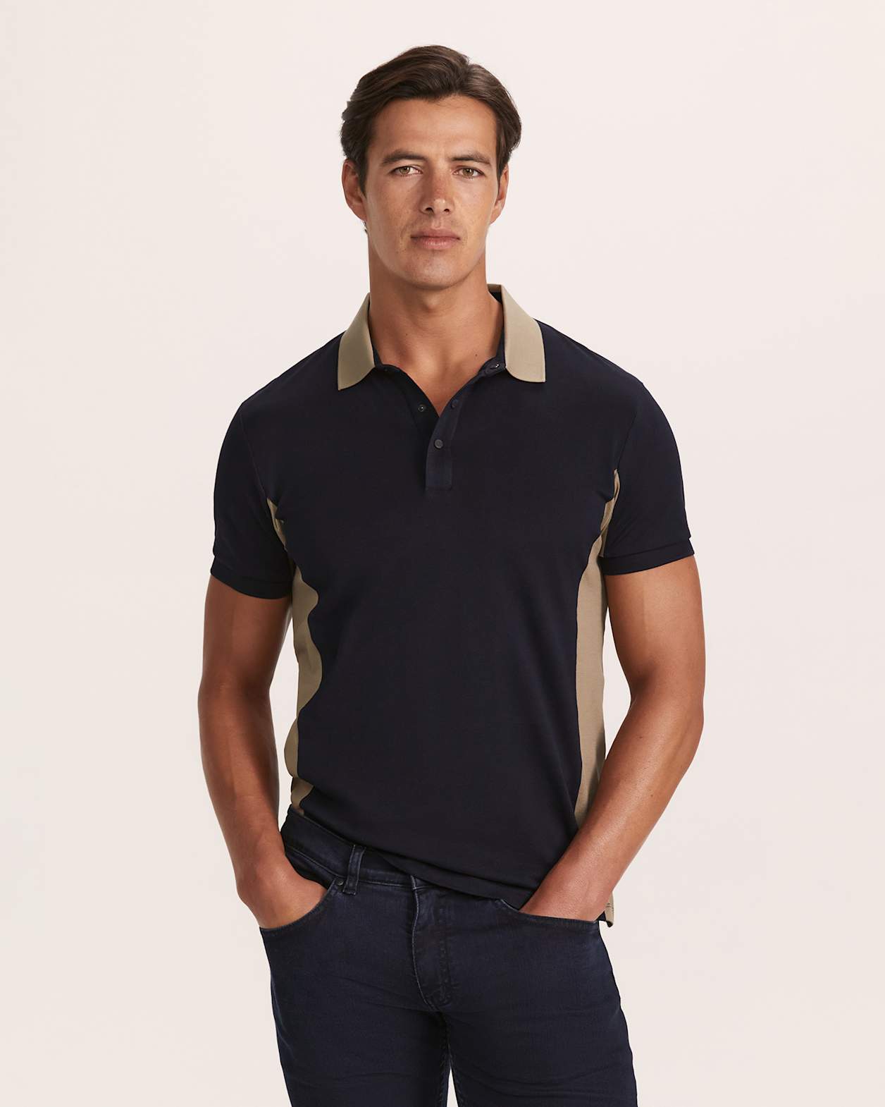 Andy Panelled Cotton Polo in NAVY/OATMEAL