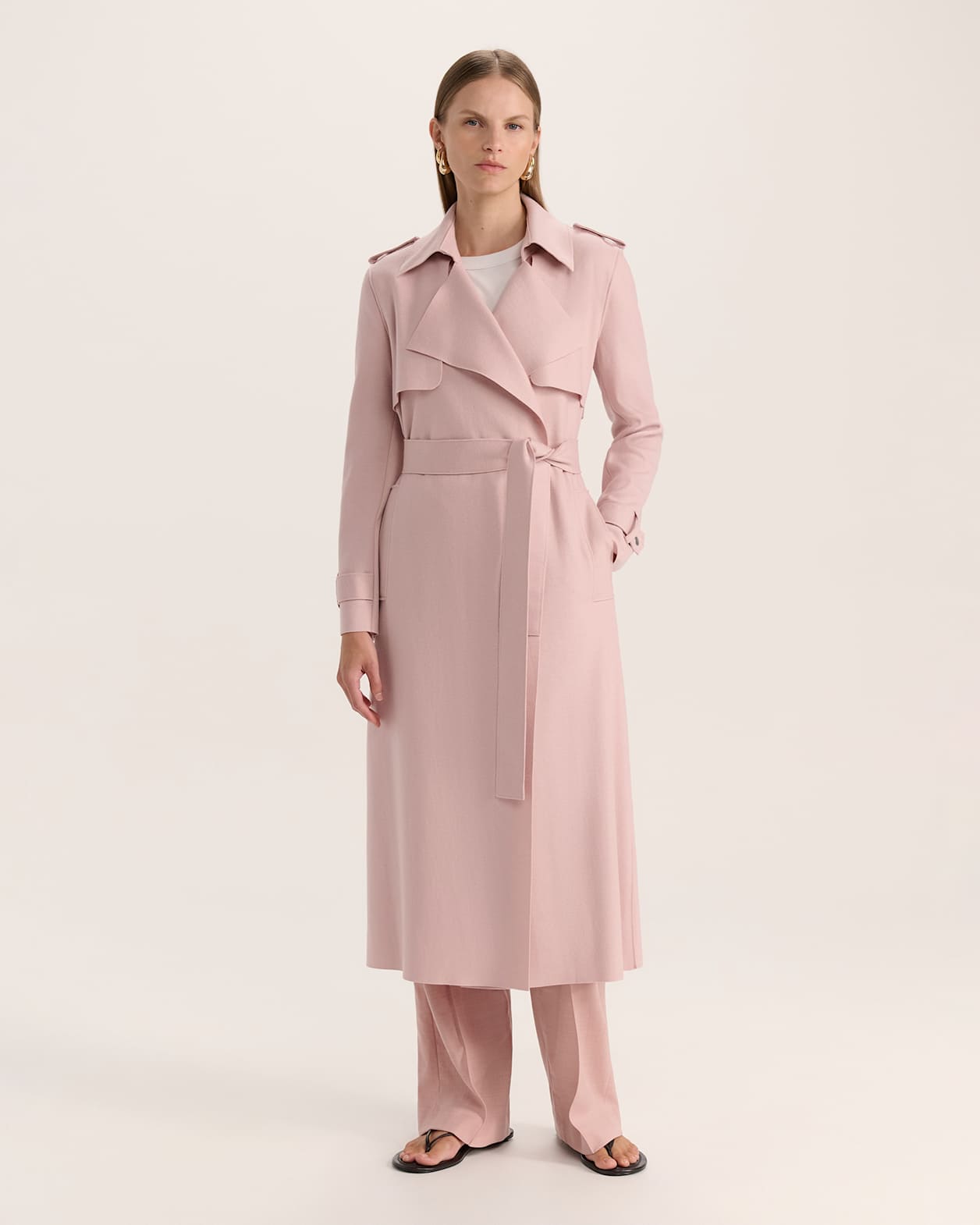Karla Wool Longline Trench Coat in PINK SALT