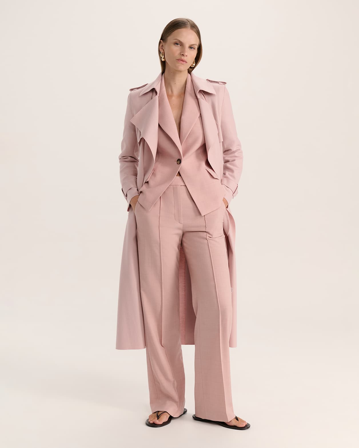Karla Wool Longline Trench Coat in PINK SALT