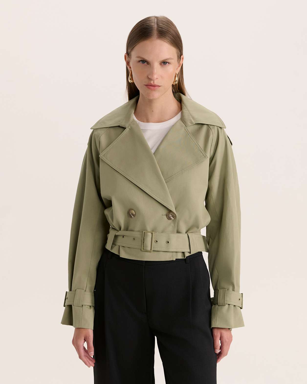 Lana Cropped Cotton Trench in GREEN