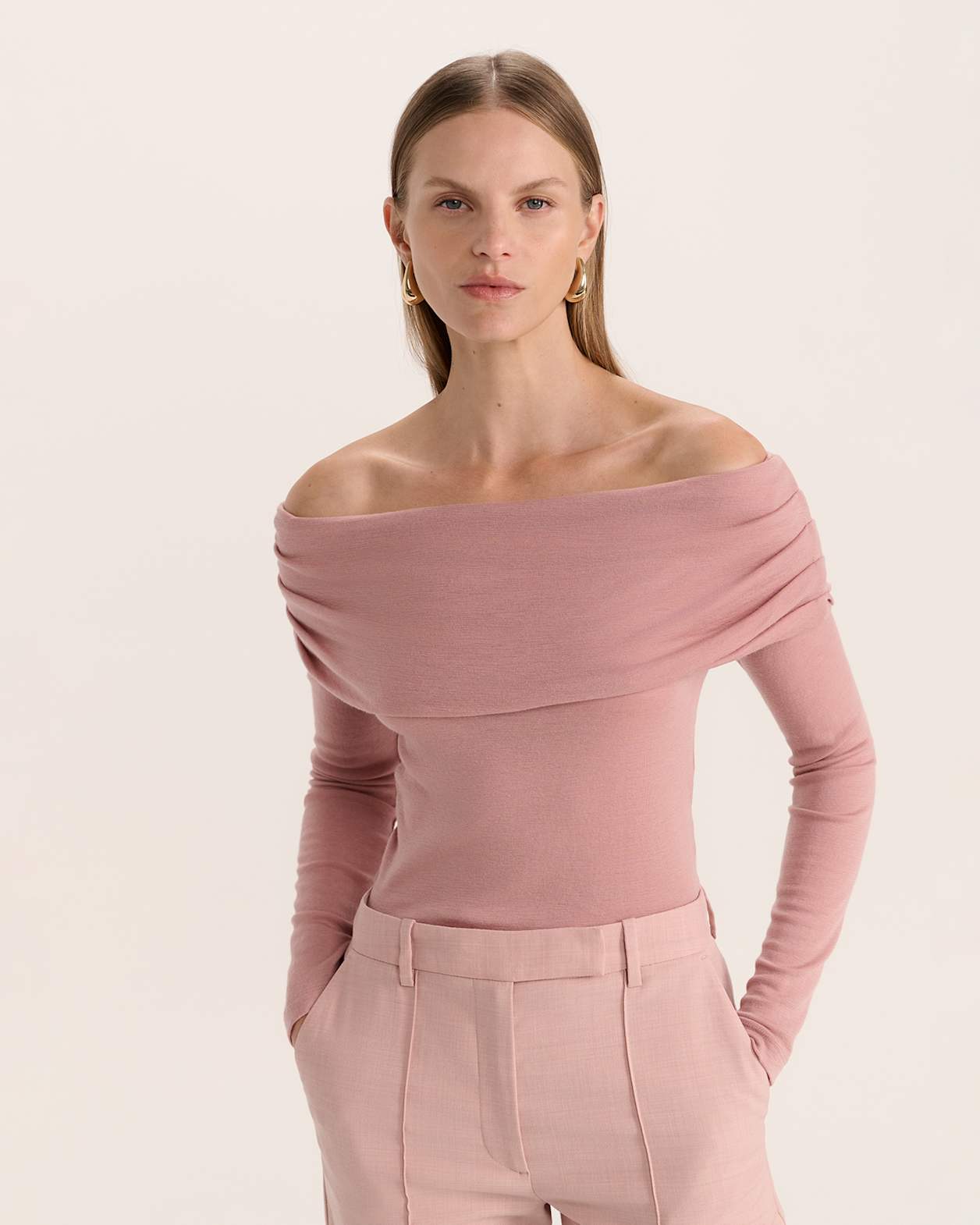 Coco Off Shoulder Long Sleeve Wool Top in PINK SALT