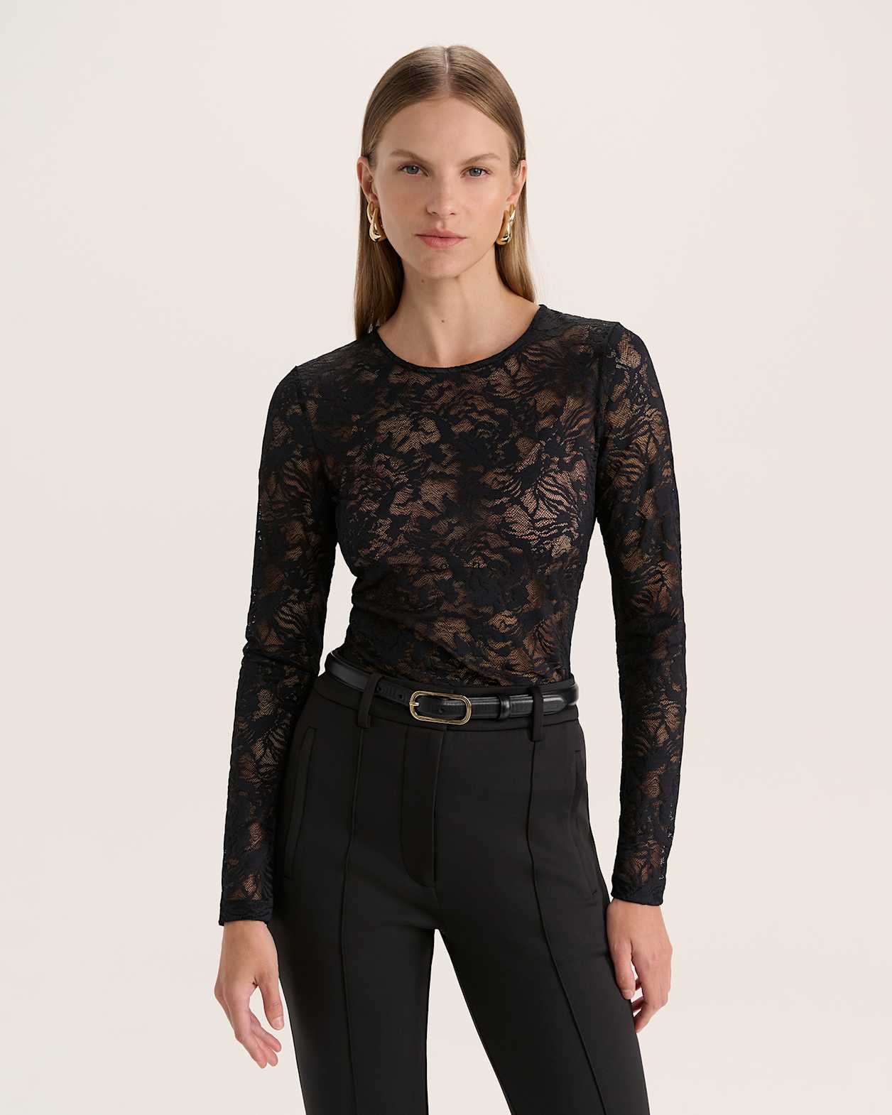 Stella Lace Long Sleeve Top in BLACK