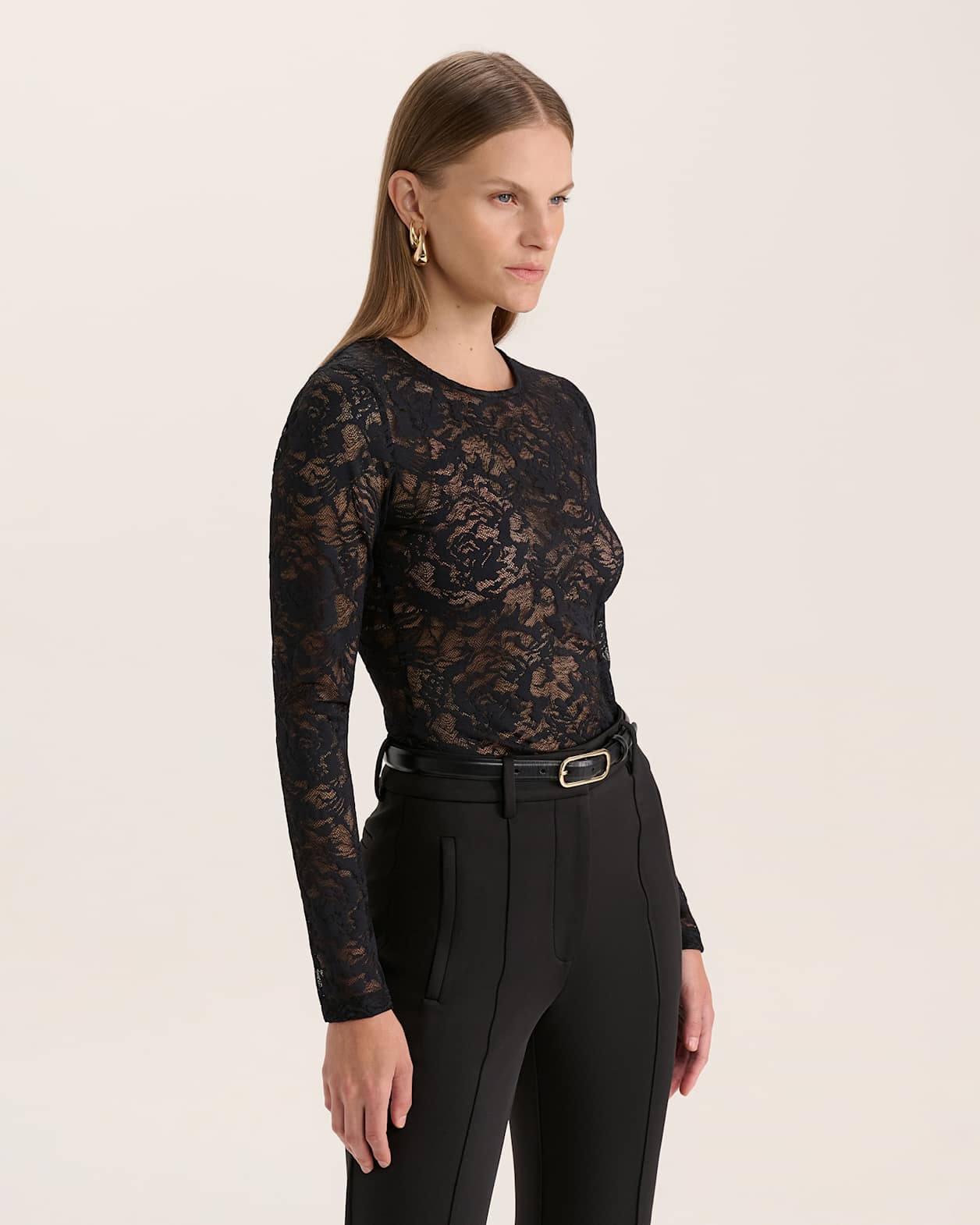 Stella Lace Long Sleeve Top in BLACK