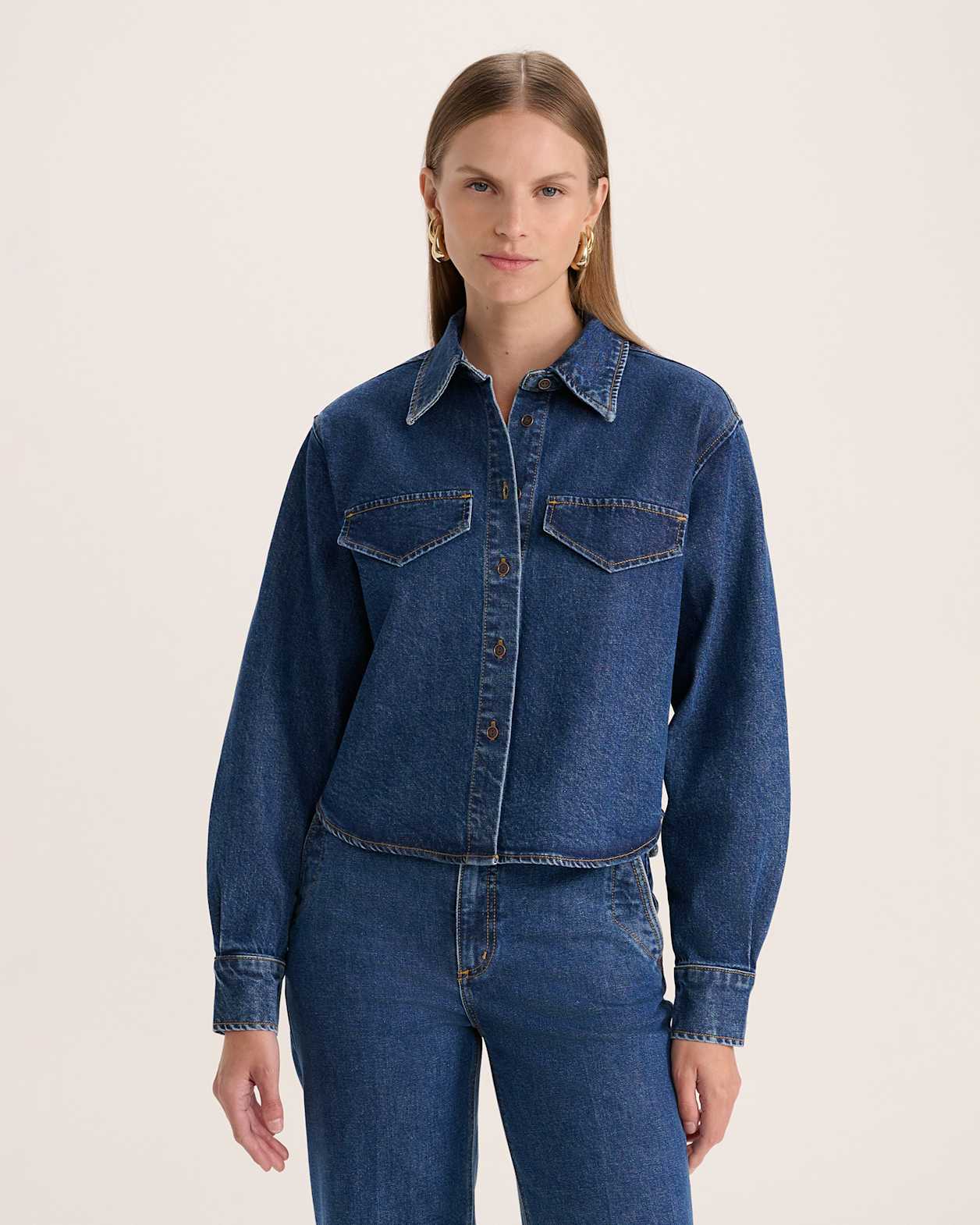 Ava Long Sleeve Denim Shirt in MID BLUE