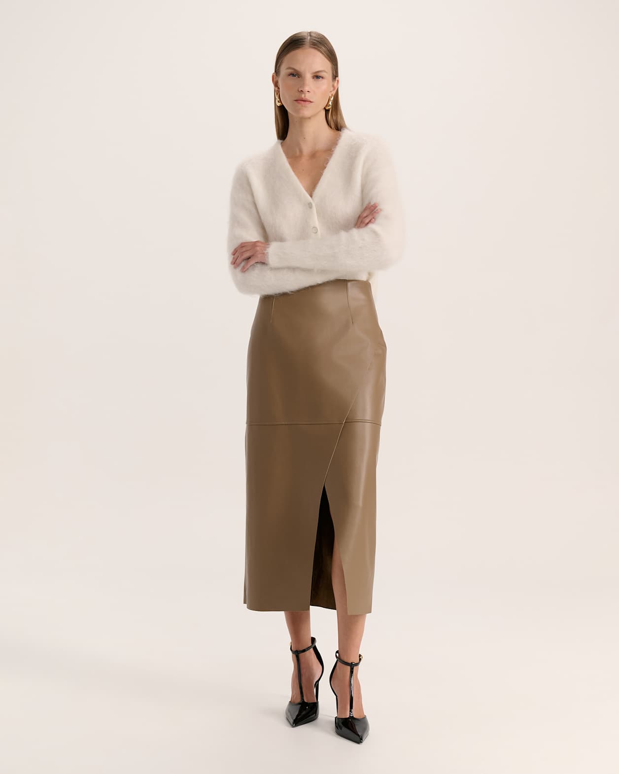 Viv Faux Leather Wrap Midi Skirt in TOFFEE