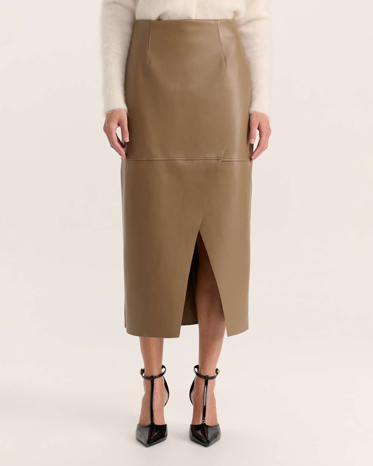 Viv Faux Leather Wrap Midi Skirt in TOFFEE