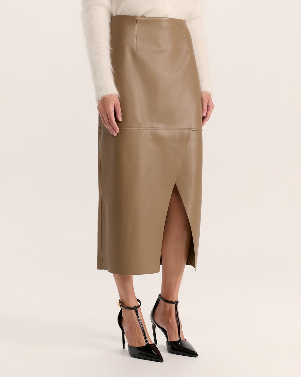 Viv Faux Leather Wrap Midi Skirt in TOFFEE