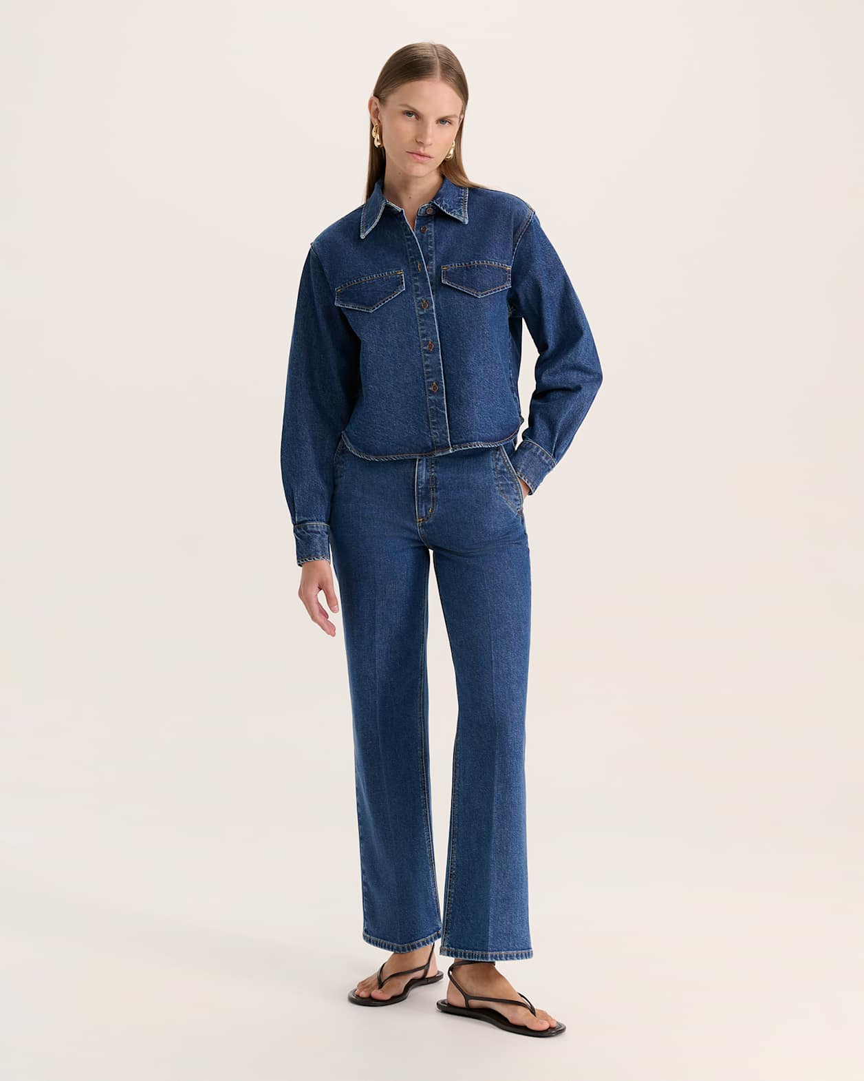 Ava Long Sleeve Denim Shirt in MID BLUE