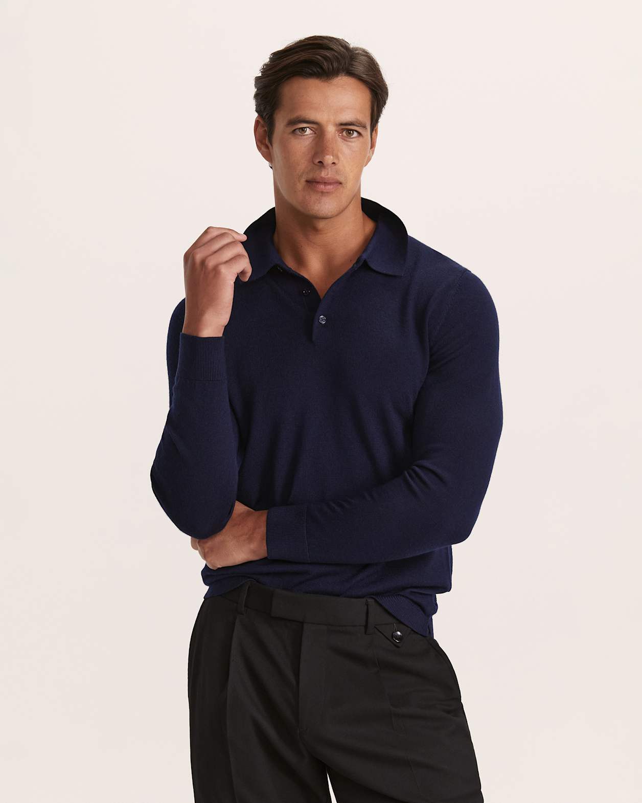 Franklin Merino Wool Long Sleeve Polo in NAVY