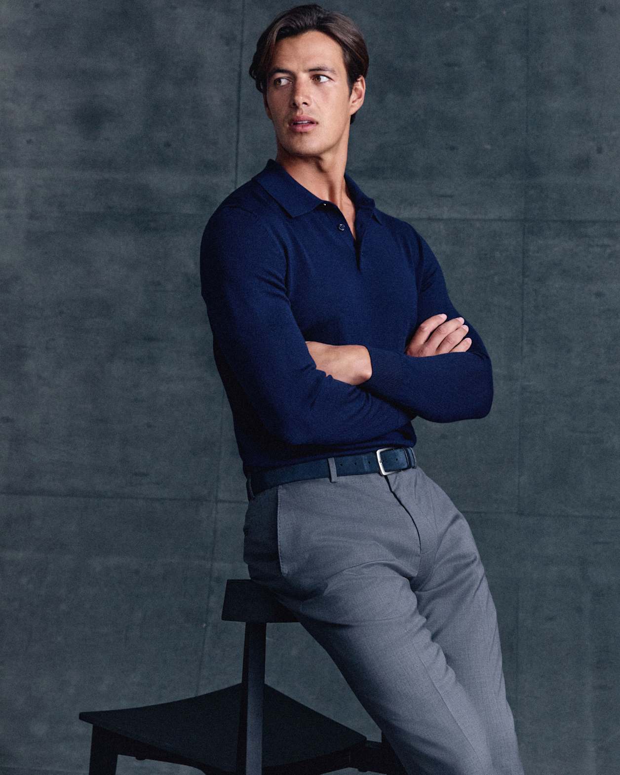 Franklin Merino Wool Long Sleeve Polo in NAVY