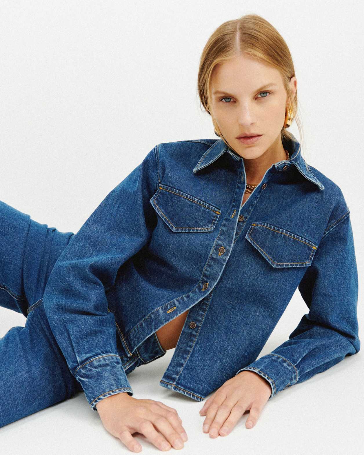 Ava Long Sleeve Denim Shirt in MID BLUE