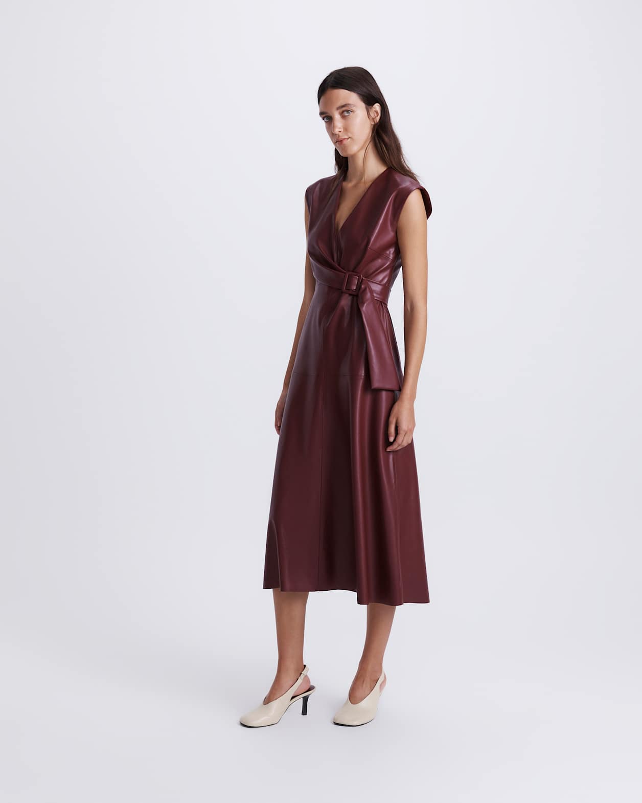 Mimi Vegan Leather Wrap Dress in VINO