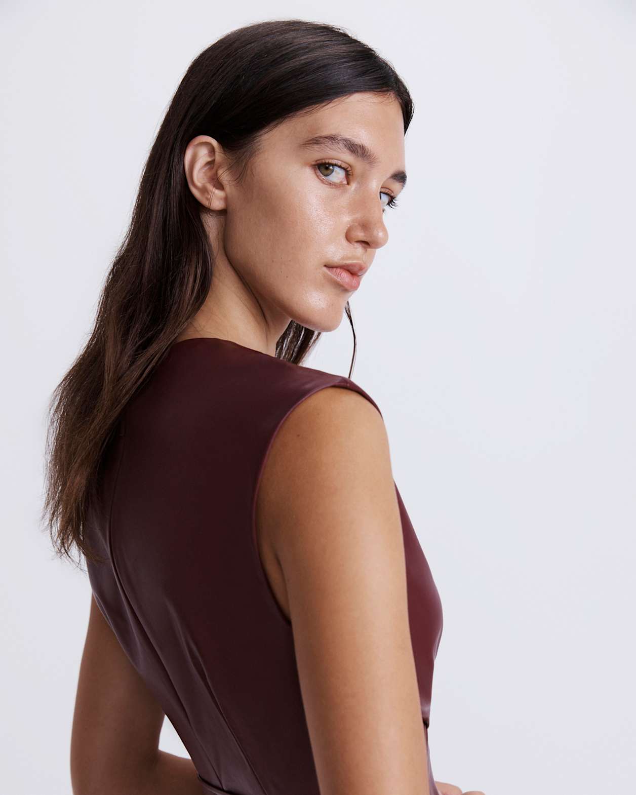 Mimi Vegan Leather Wrap Dress in VINO