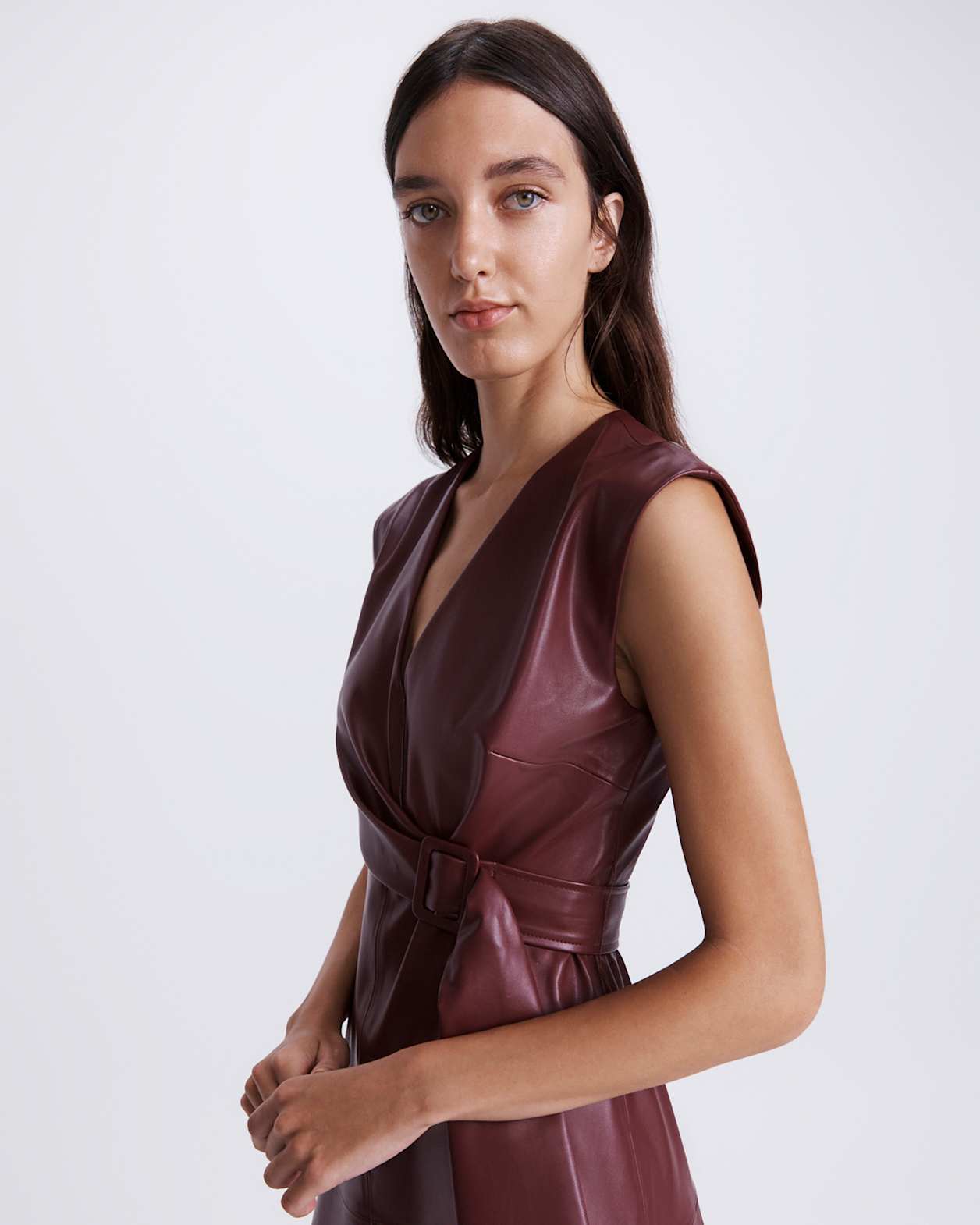 Mimi Vegan Leather Wrap Dress in VINO
