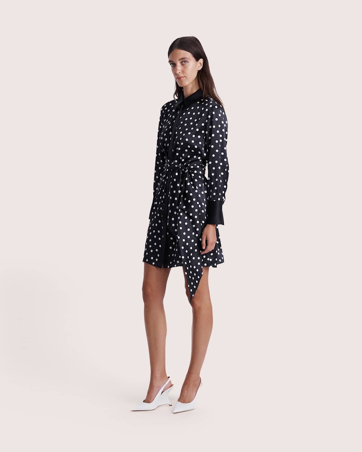 Presley Silk Mini Shirt Dress in BLACK/IVORY