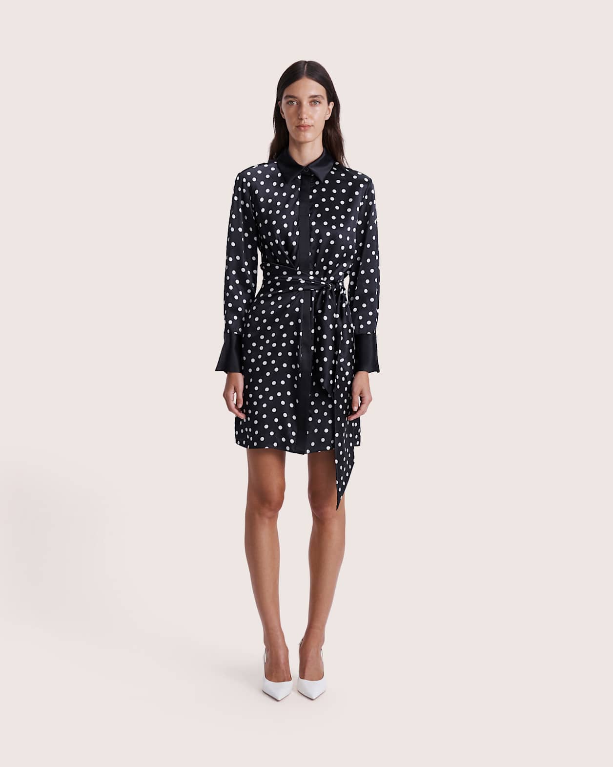 Presley Silk Mini Shirt Dress in BLACK/IVORY