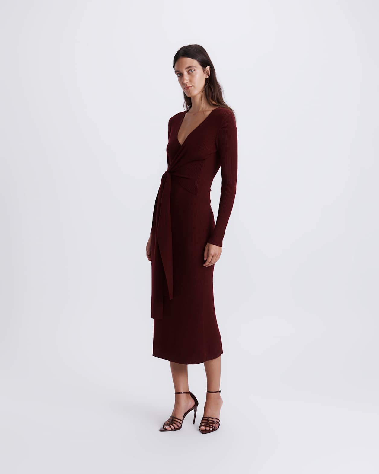 Elle Wool Blend Wrap Knit Dress in BERRY