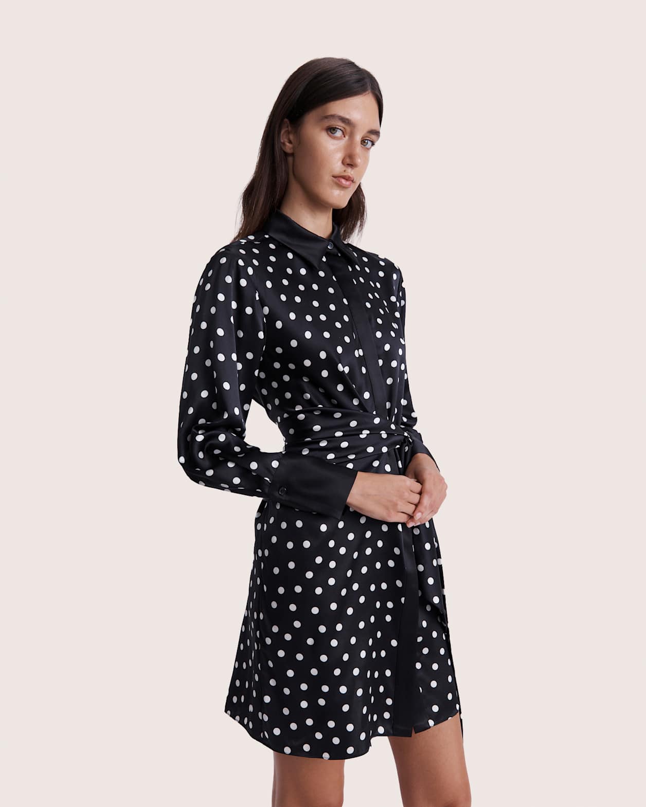 Presley Silk Mini Shirt Dress in BLACK/IVORY