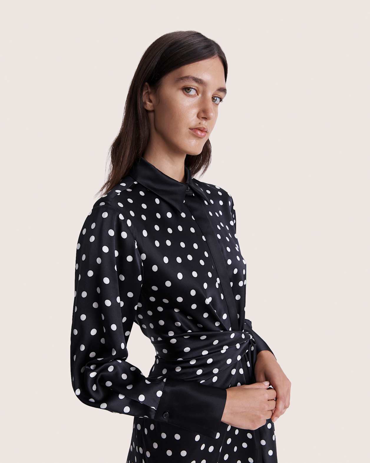 Presley Silk Mini Shirt Dress in BLACK/IVORY