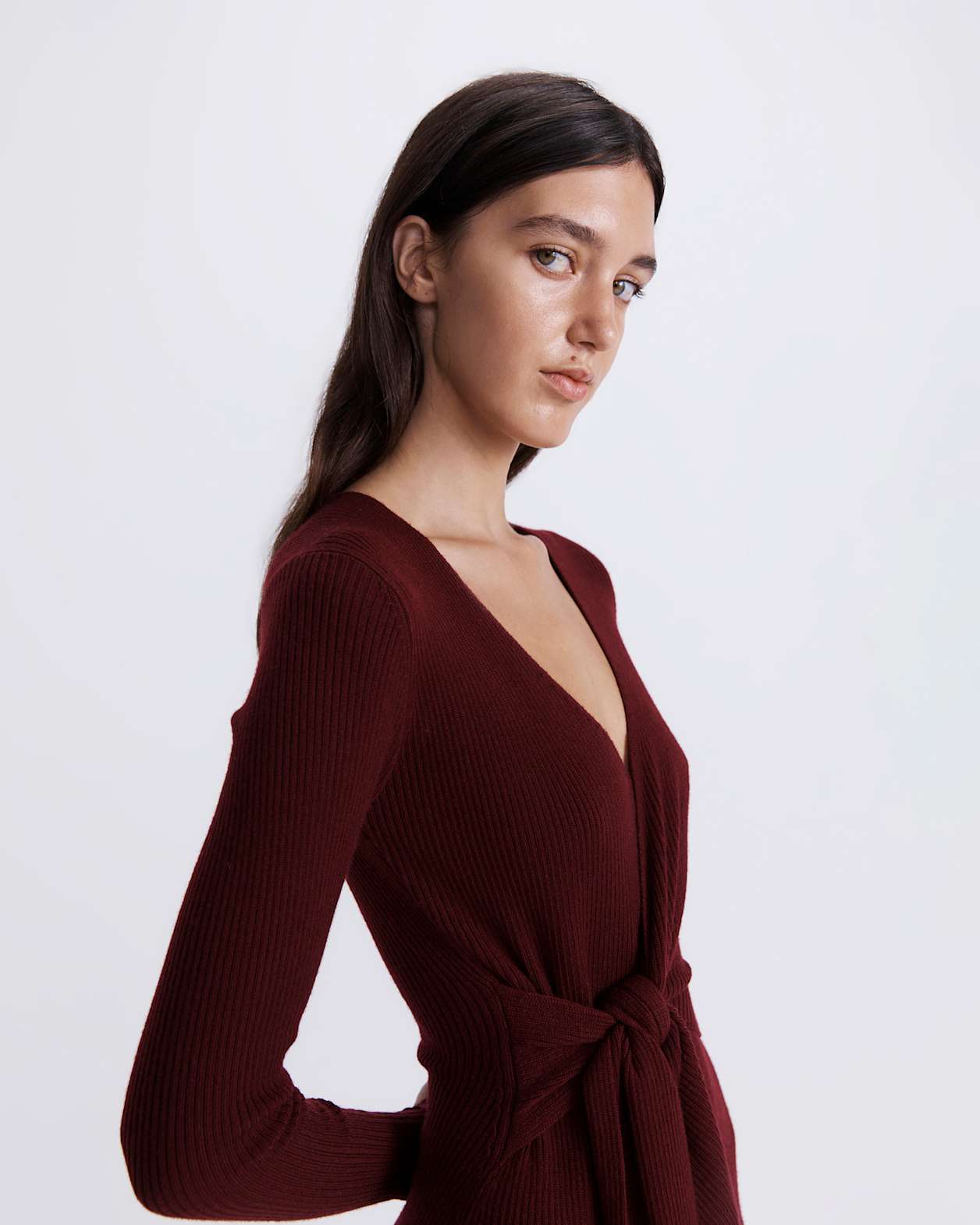Elle Wool Blend Wrap Knit Dress in BERRY