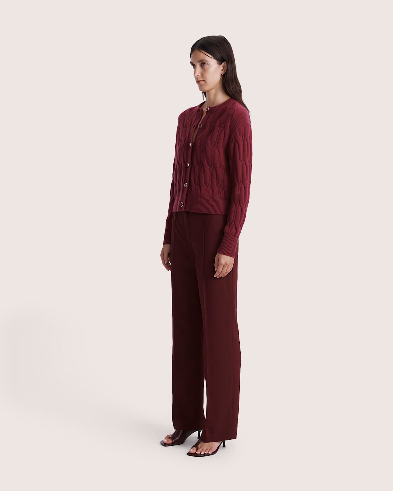 Nora Wool Cashmere Cable Cardi in BERRY