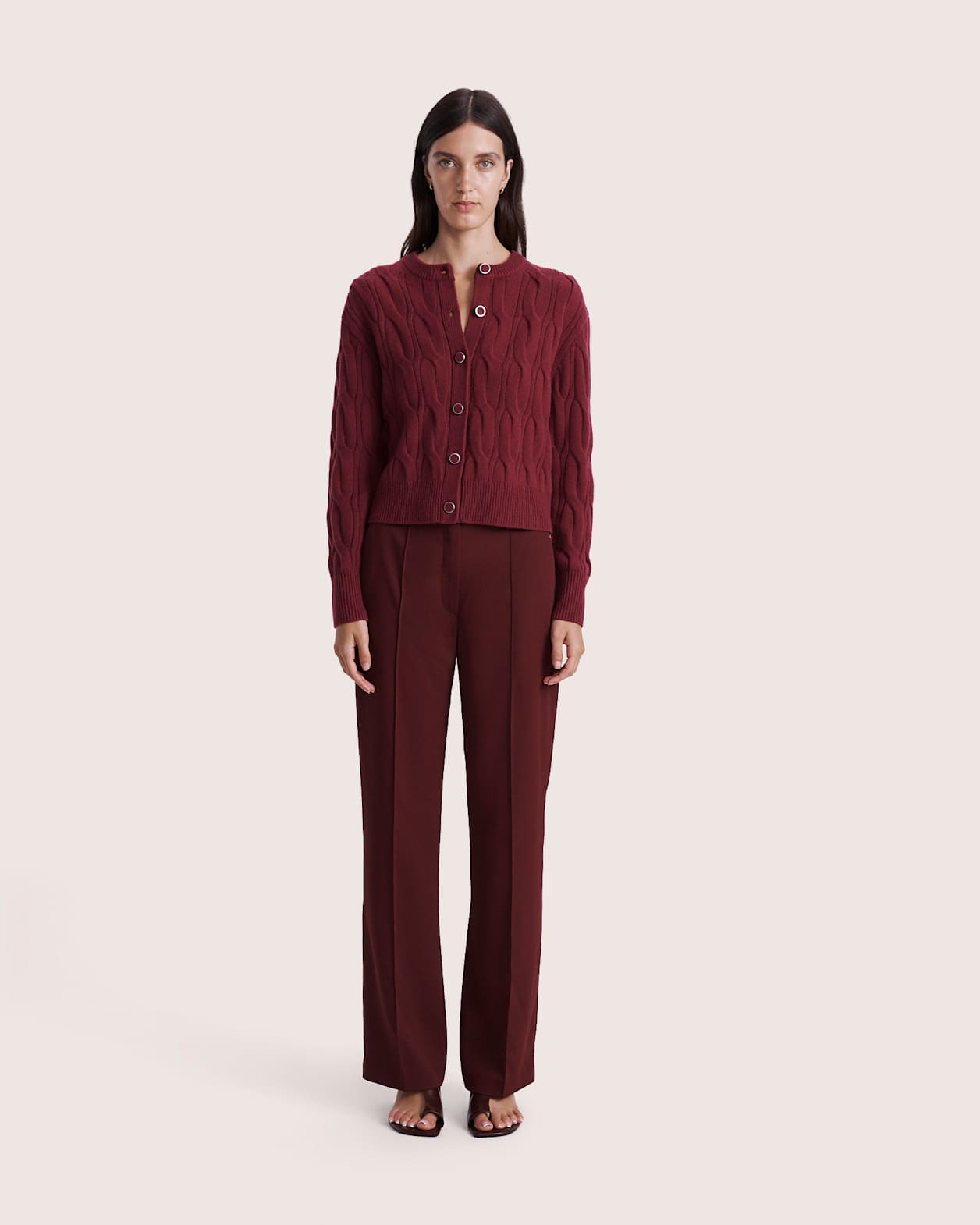 Nora Wool Cashmere Cable Cardi in BERRY