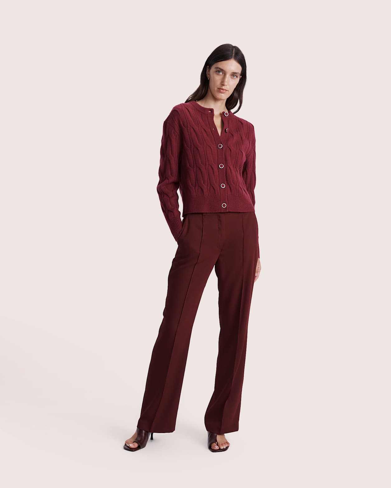 Nora Wool Cashmere Cable Cardi in BERRY