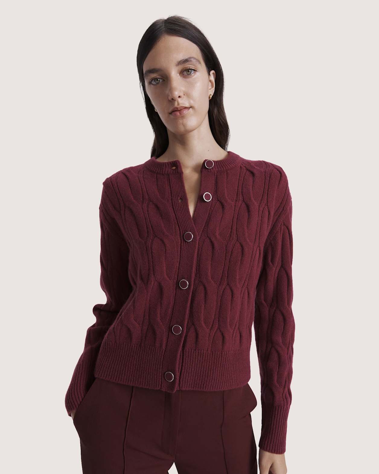 Nora Wool Cashmere Cable Cardi in BERRY
