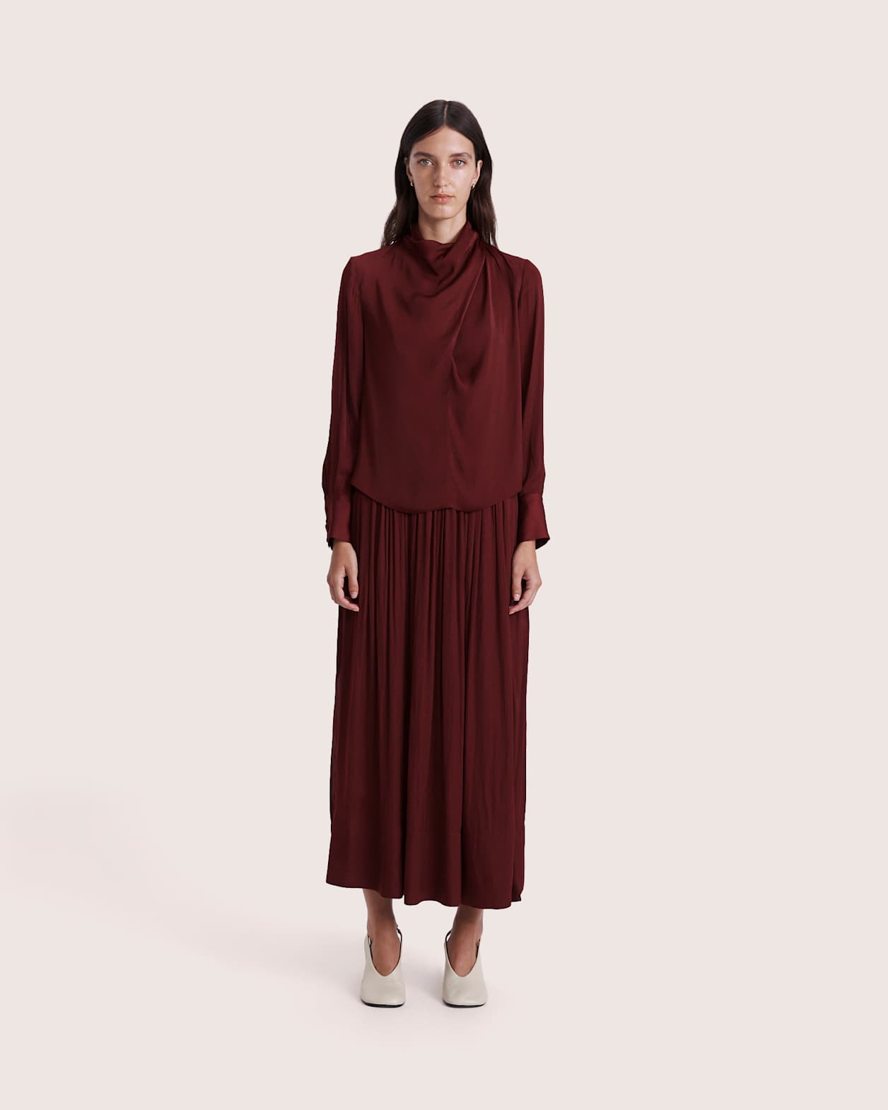 Lillian Long Sleeve Drape Neck Top in BERRY