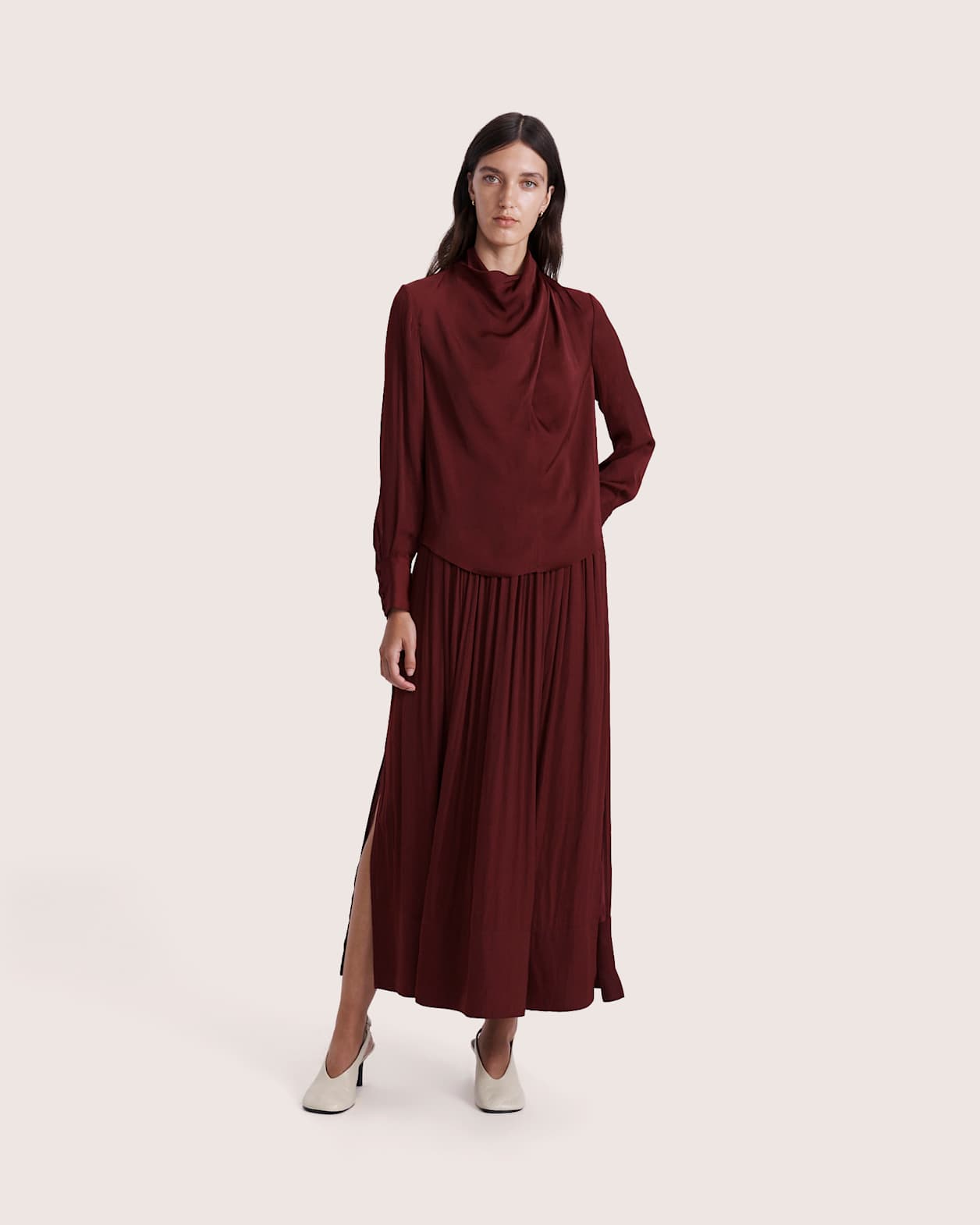 Lillian Long Sleeve Drape Neck Top in BERRY