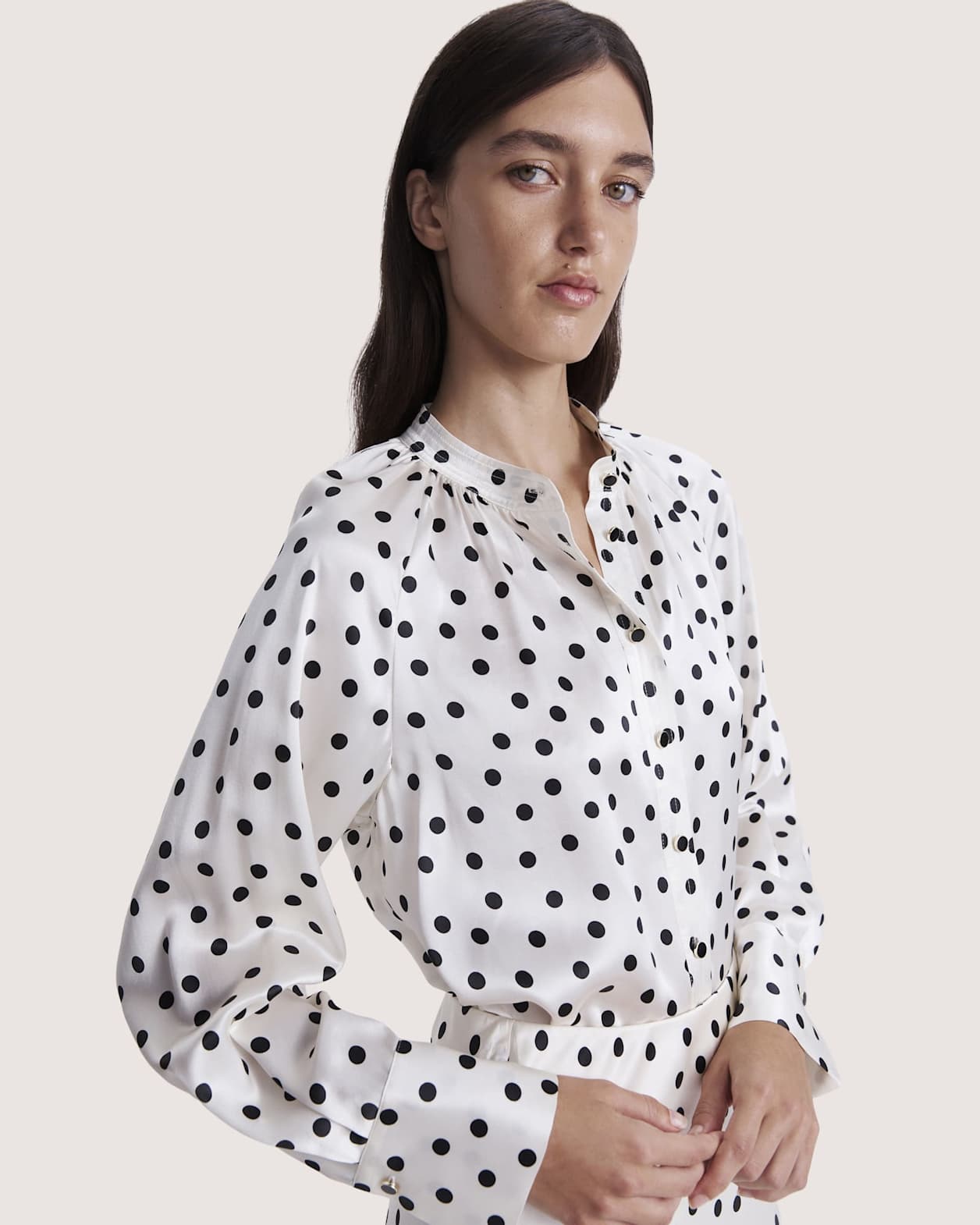 Presley Silk Long Sleeve Blouse in IVORY/BLACK