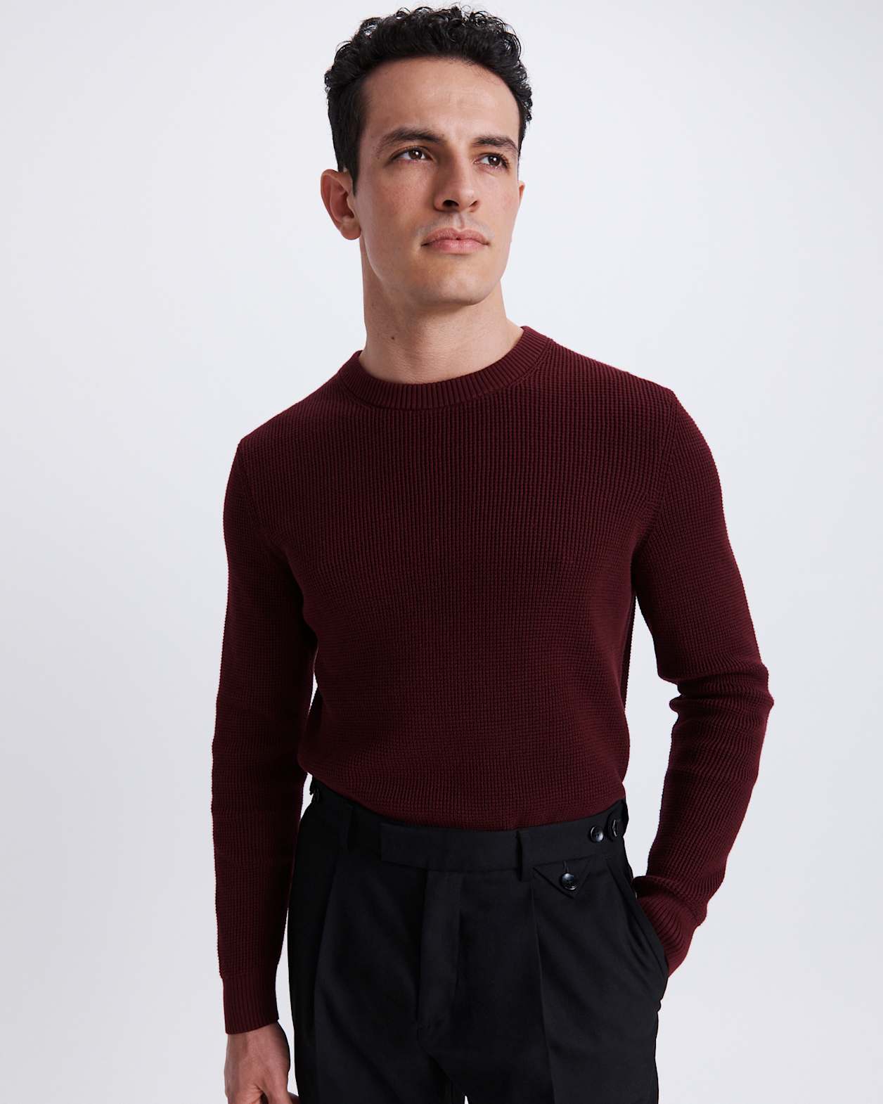 Angus Textured Cotton Crew Knit in WINE