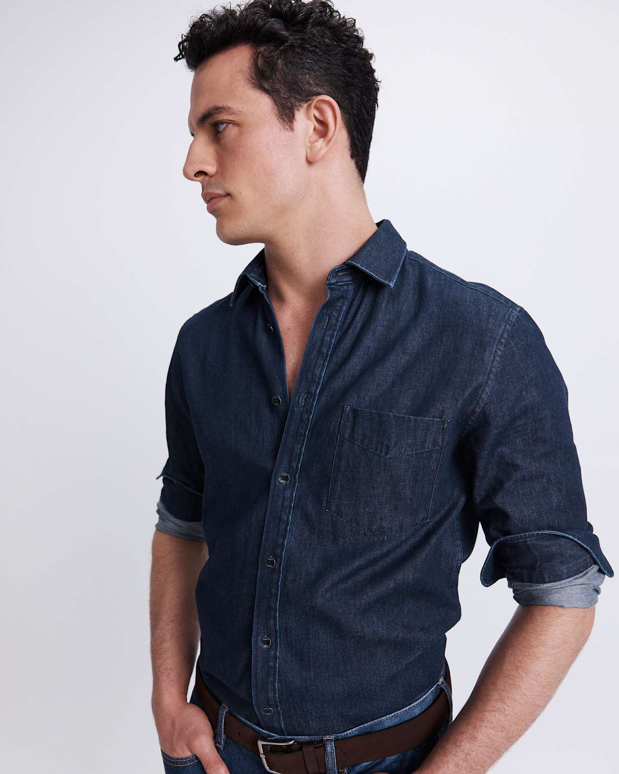 Julian Long Sleeve Denim Shirt in MID WASH