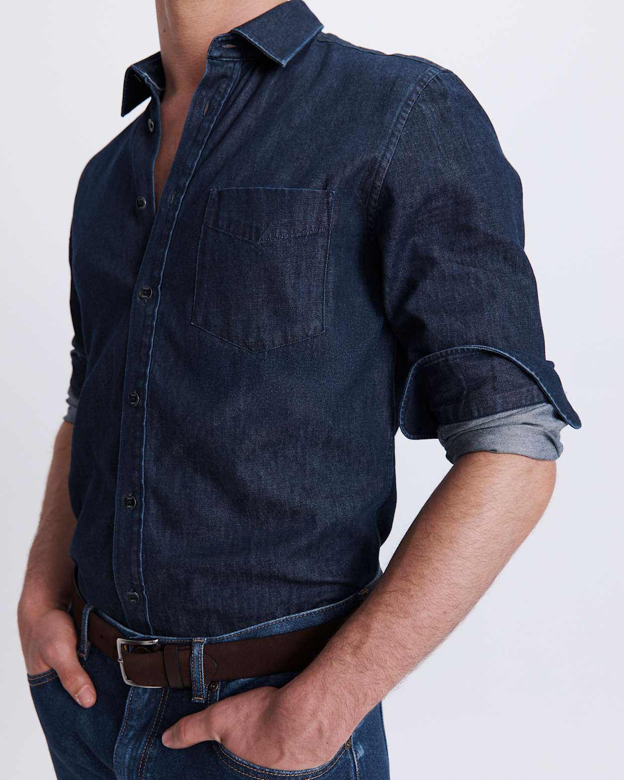 Julian Long Sleeve Denim Shirt in MID WASH