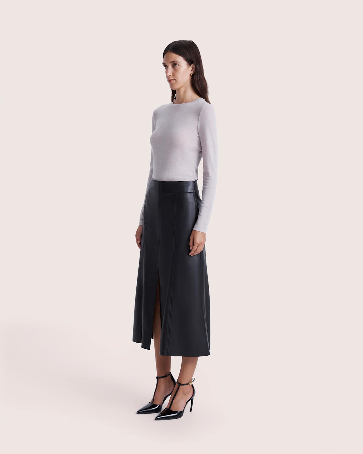 Viv Faux Leather Panel Midi Skirt in BLACK