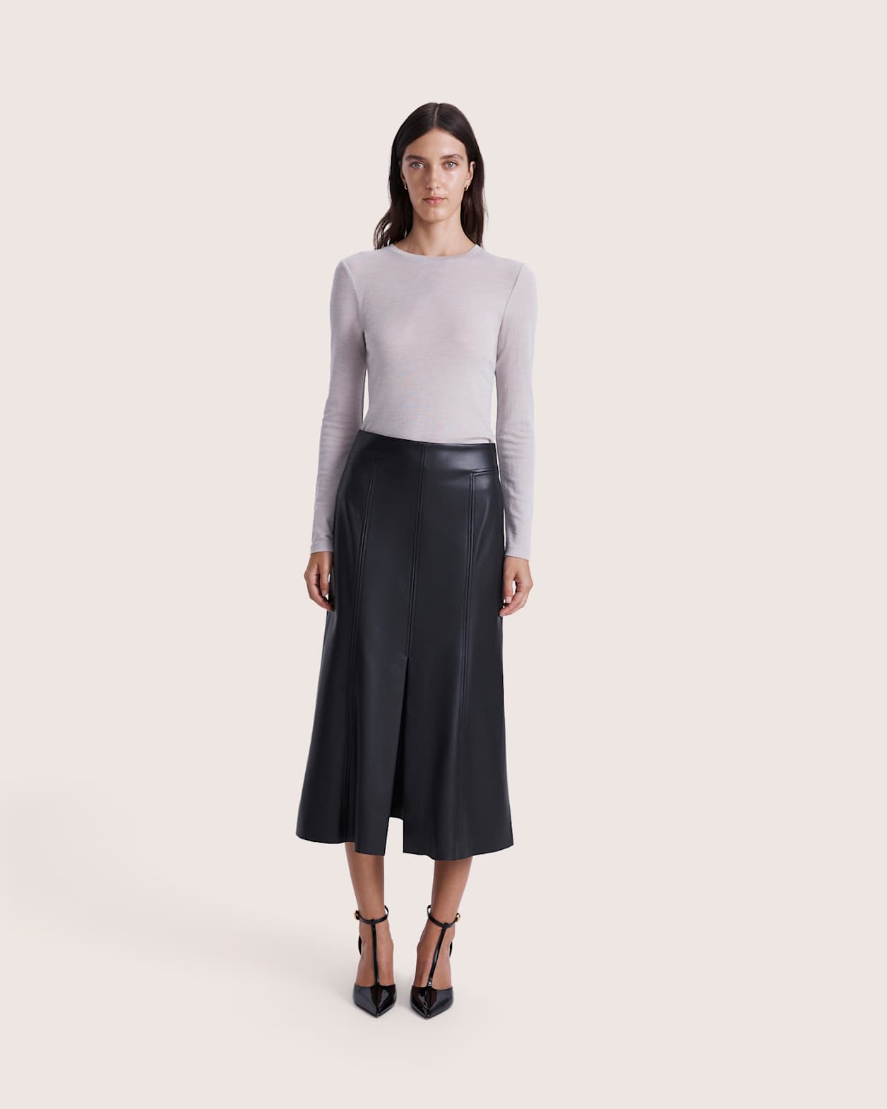 Viv Faux Leather Panel Midi Skirt in BLACK