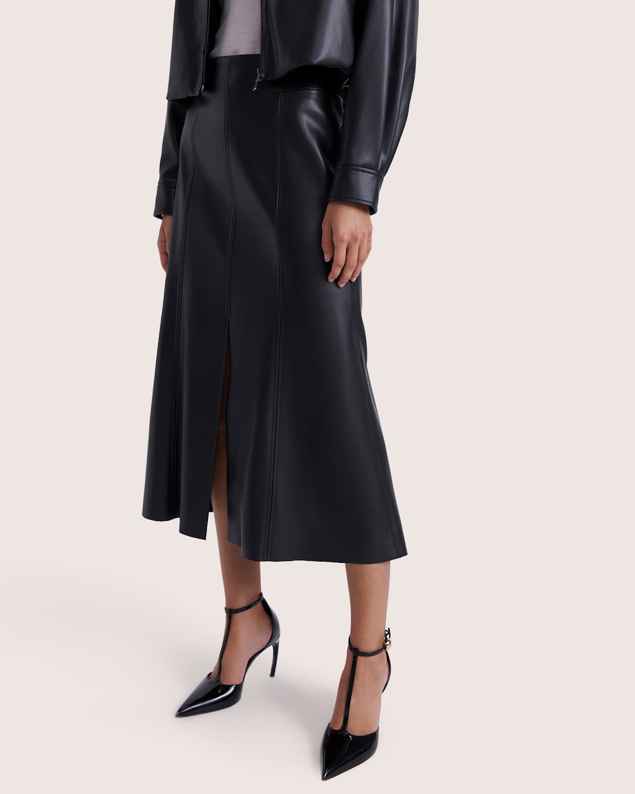 Viv Faux Leather Panel Midi Skirt in BLACK