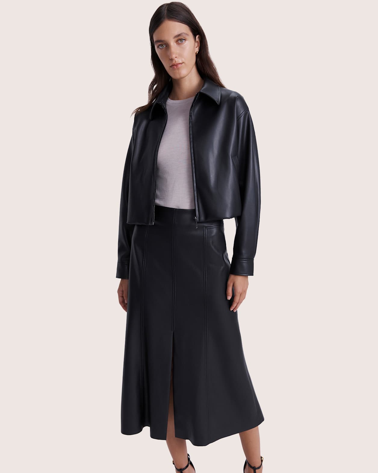 Viv Faux Leather Panel Midi Skirt in BLACK