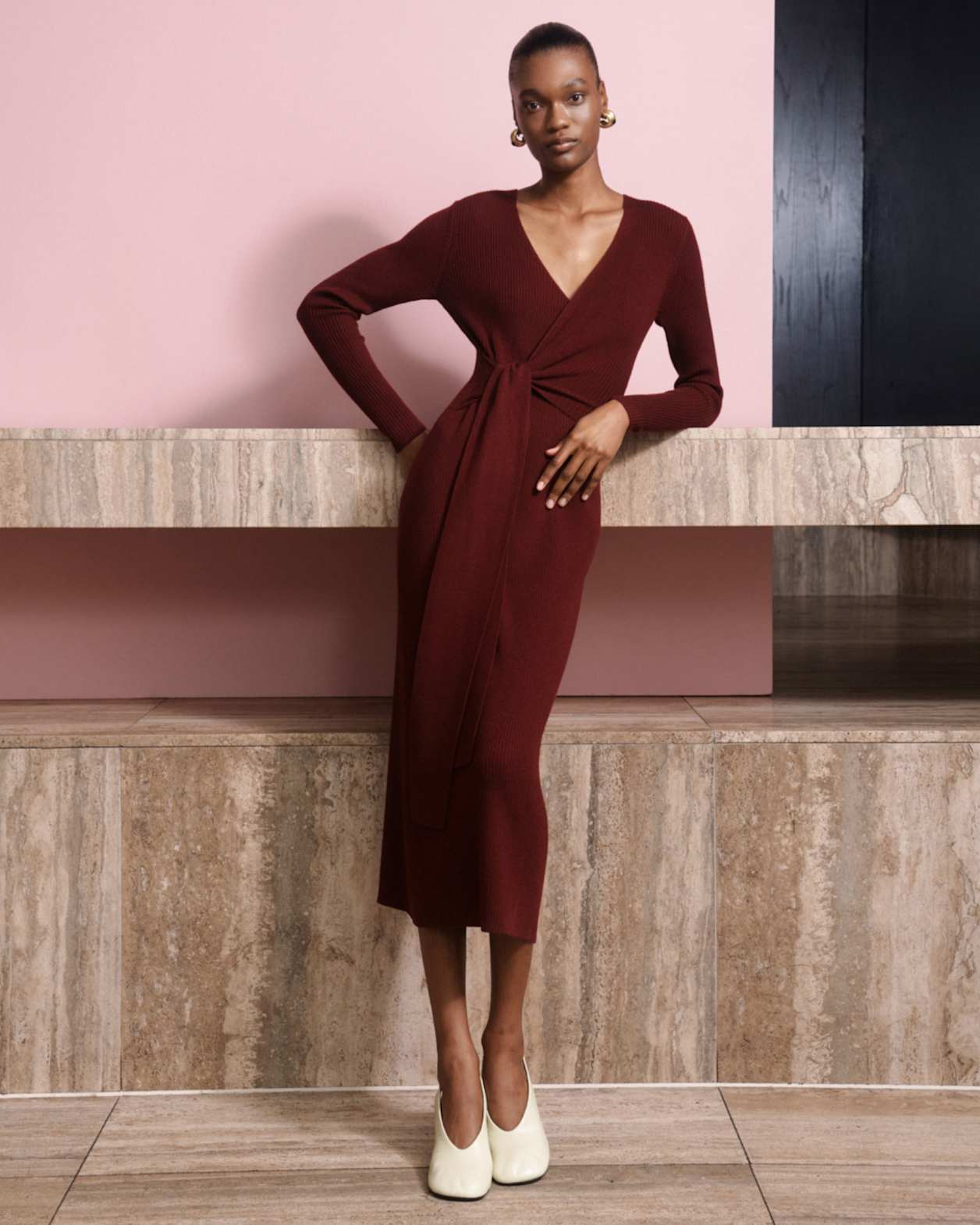 Elle Wool Blend Wrap Knit Dress in BERRY