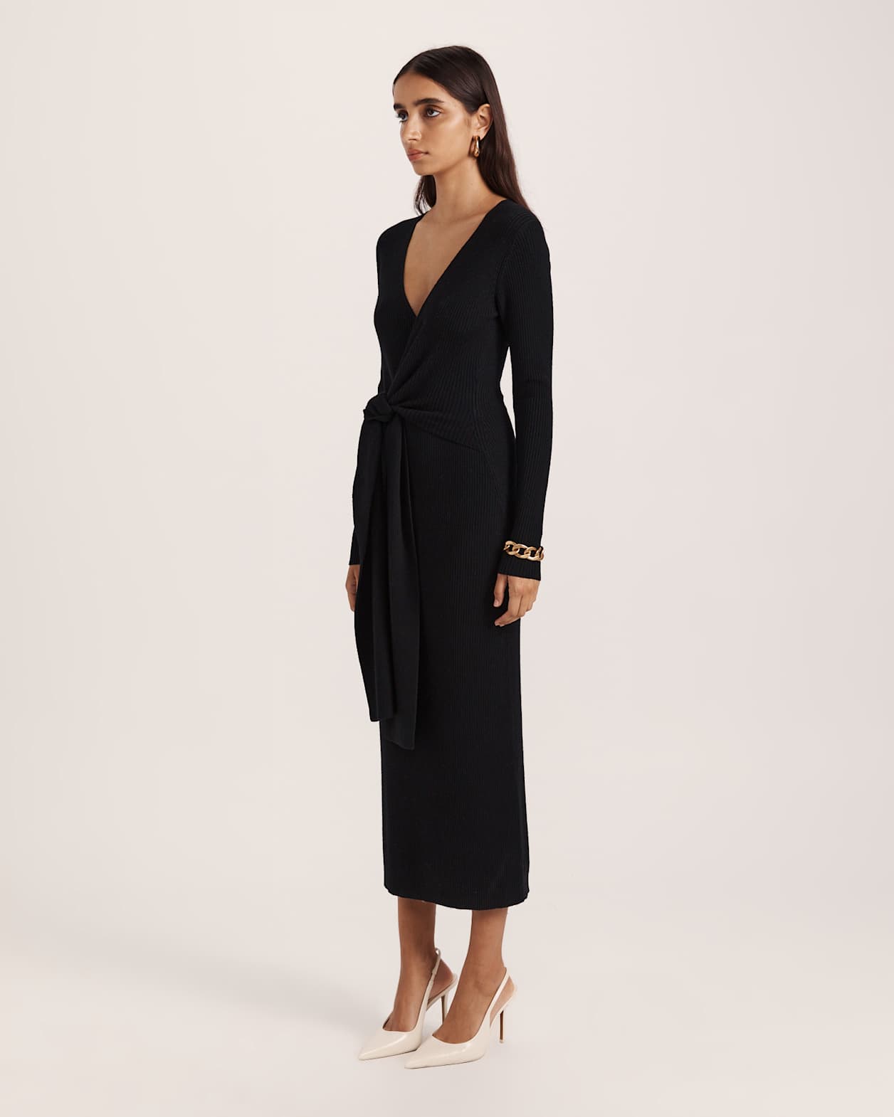 Elle Wool Blend Wrap Knit Dress in BLACK
