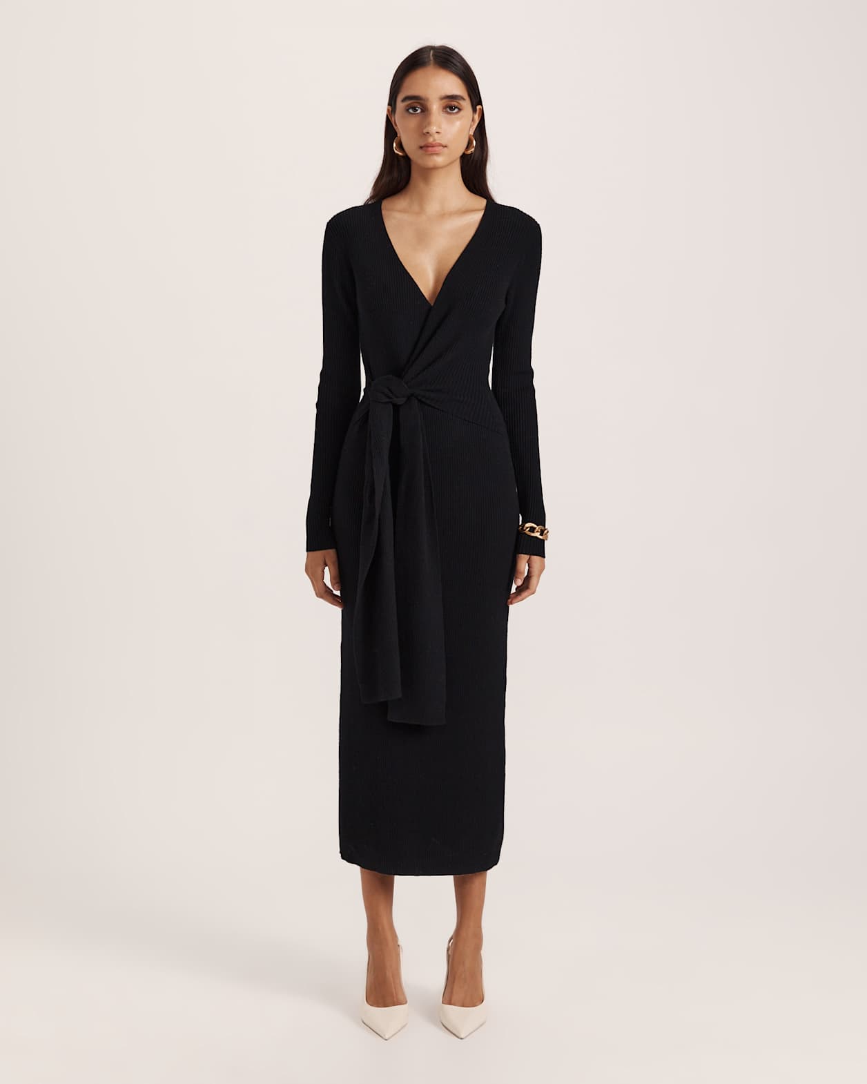 Elle Wool Blend Wrap Knit Dress in BLACK