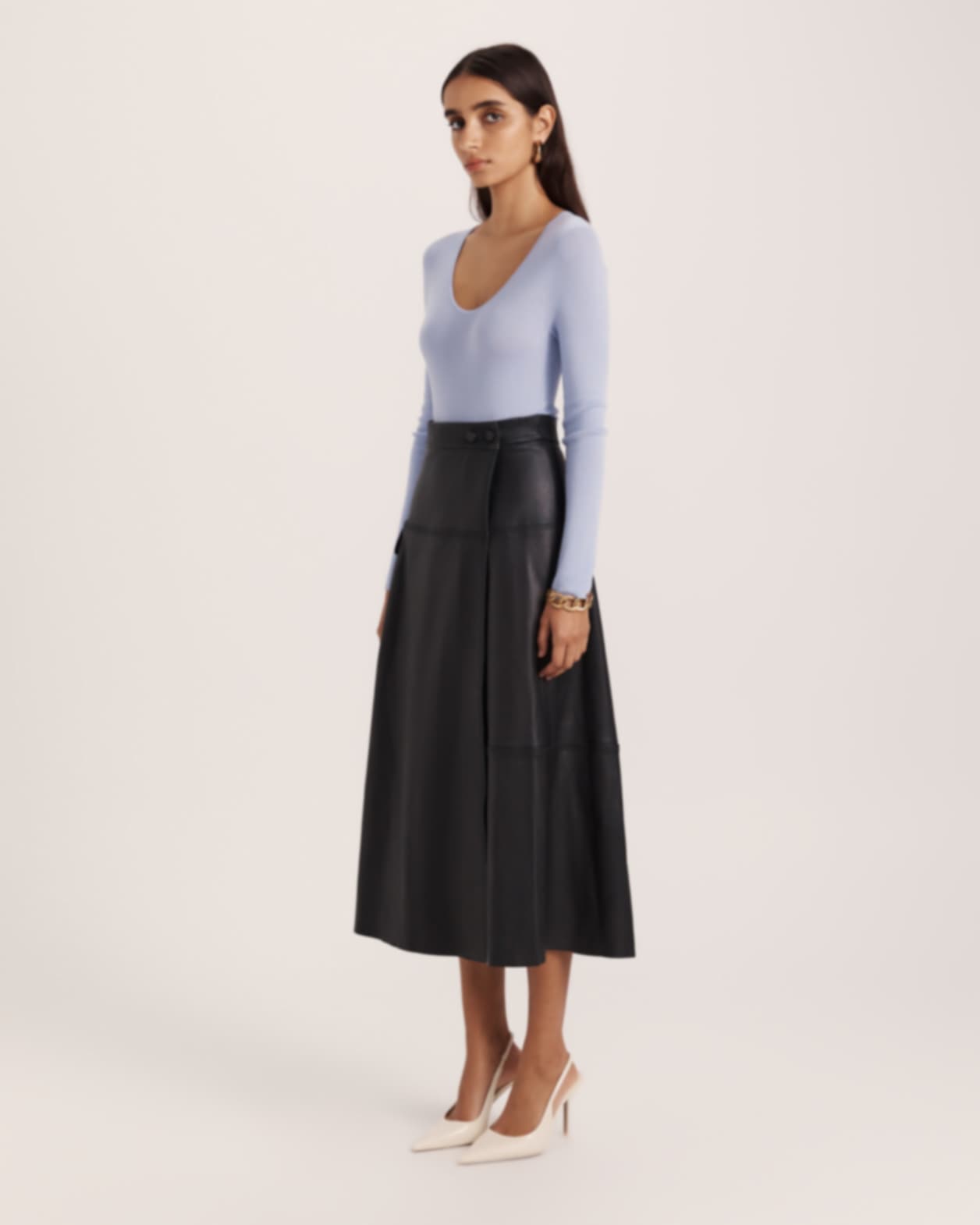 Aria Leather Wrap Midi Skirt in BLACK