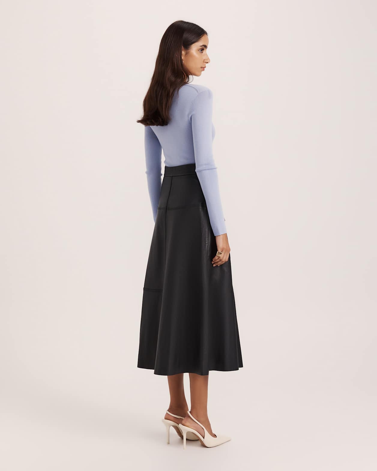 Aria Leather Wrap Midi Skirt in BLACK