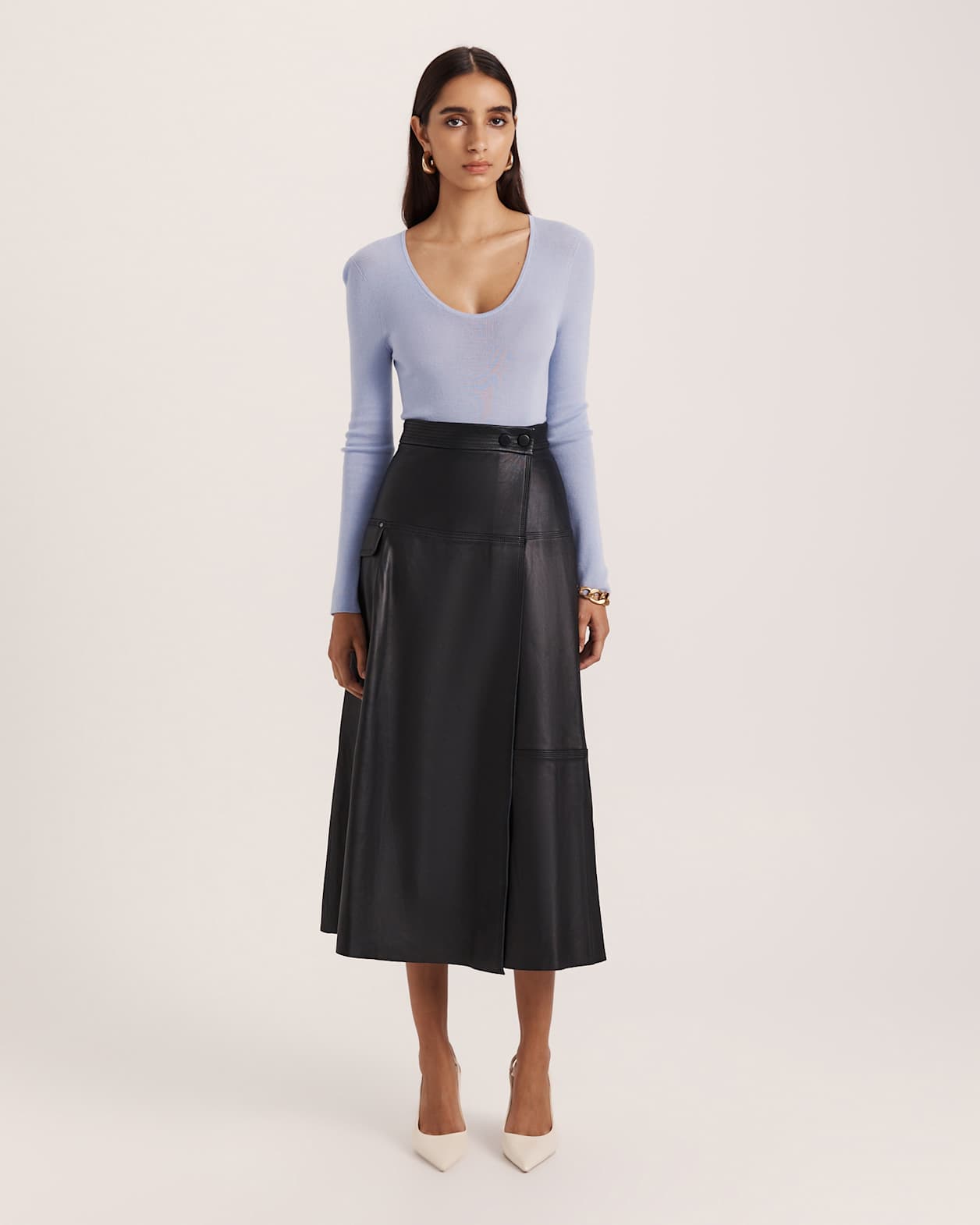 Aria Leather Wrap Midi Skirt in BLACK