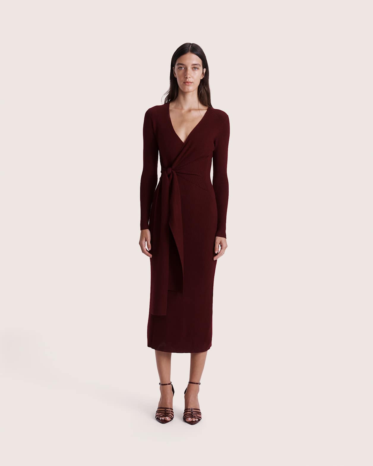 Elle Wool Blend Wrap Knit Dress in BERRY