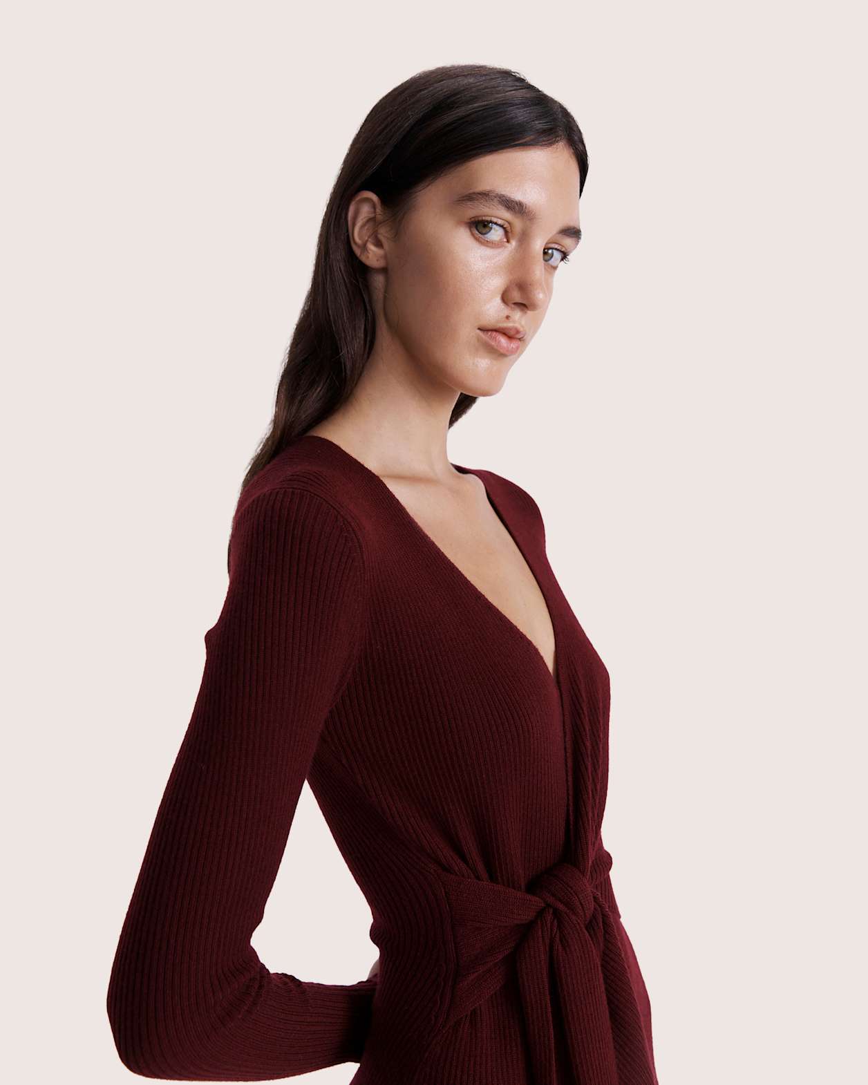 Elle Wool Blend Wrap Knit Dress in BERRY